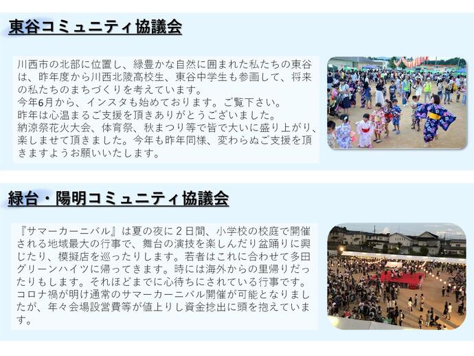 東谷コミュニティと緑台・陽明コミュニティの取り組み内容と写真