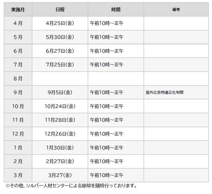 違反広告物の一斉除去活動　令和6年度予定日一覧