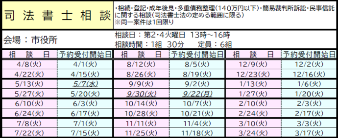 令和7年度司法書士相談日程、受付開始日